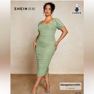SHEIN BAE Sage Green Ruched Midi Dress